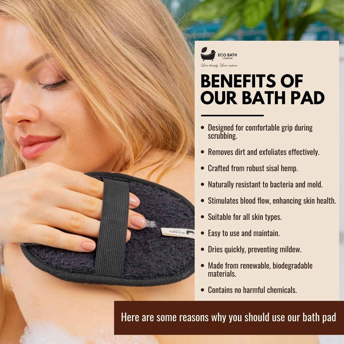 Natürliche Sisal-Hanf-Badematte, Schwarz