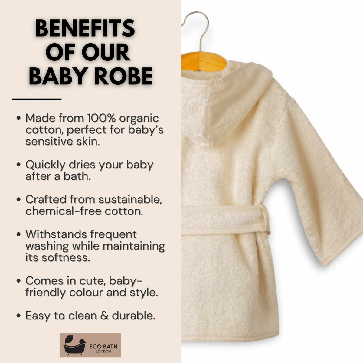 Eco Bath London Organic Cotton Baby Robe - Available in Sizes 0 - 2 Years and 3 - 5 Years - Eco Bath London