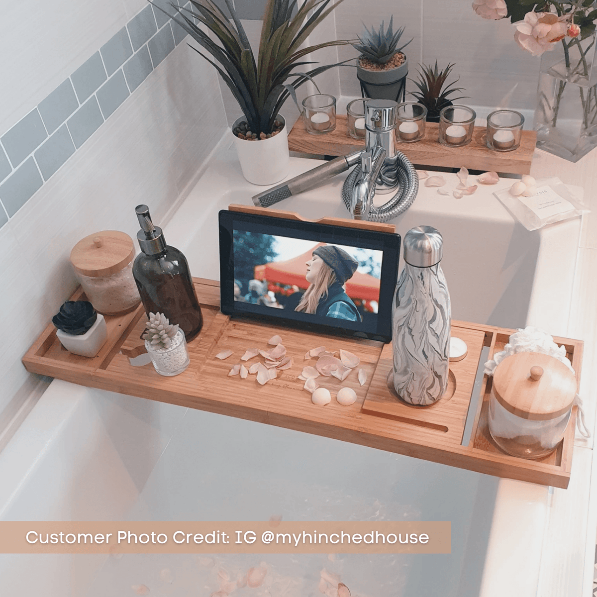 Eco Bath Luxury Bamboo Bath Tray + FREE Epsom Salt | Bath Caddy With Wine Glass, Candle, Book, Tablet, iPad & Phone Holder - Eco Bath London™